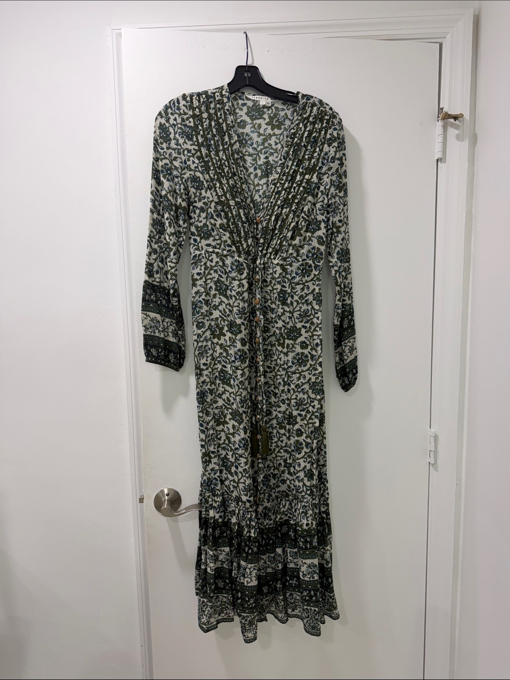 Veronica Beard Olive Green Floral V‑Neck Maxi Dress